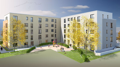 3D Architektur-Visualisierung Wohnungsbau Caspari-Höfe in Braunschweig - Architektur Illustration für den Baugenossenschaft ›Wiederaufbau‹ eG Braunschweig, Schaub & Partner Architekten Hamburg